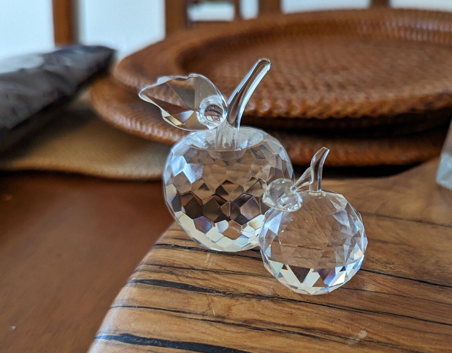 Two Faceted Crystal Glass Apple Figurines