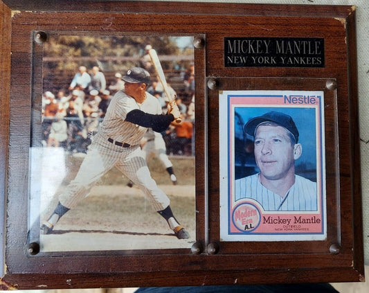 Vintage Mickey Mantle Wood Plaque With Mickey Mantle 1987 Topps Nestle #17 card