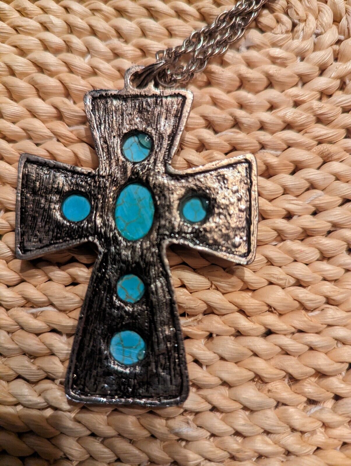 Vintage Large SouthWestern Style Turquoise Over Silver Tone Cross And 22" Chain