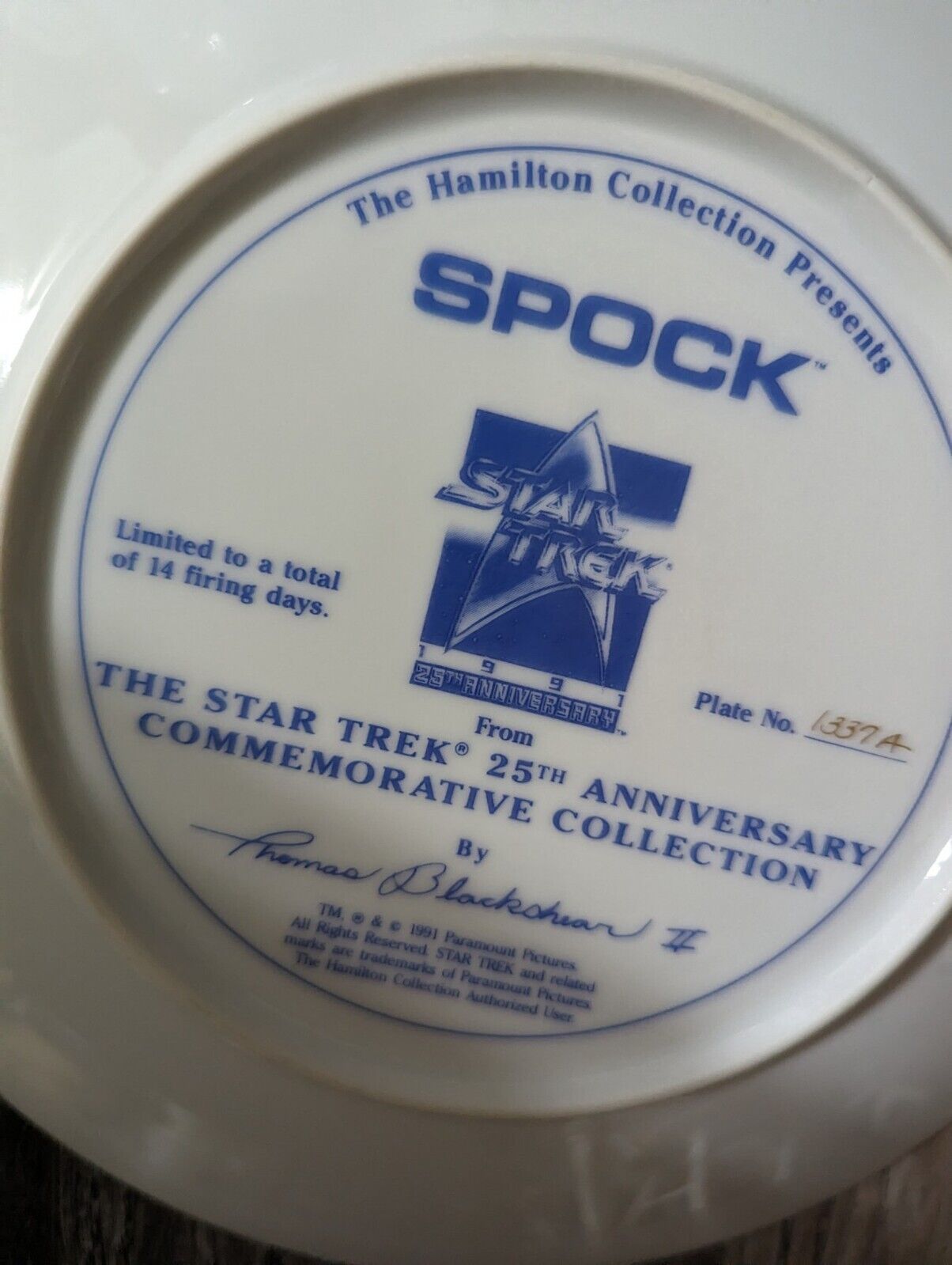 Hamilton Collection Spock Star Trek 25th Anniversary Plate No 1337A