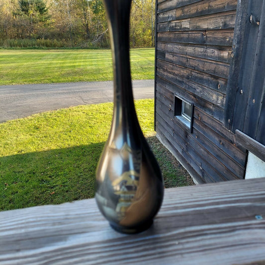 Vintage Metal Asian Etched 9" Bud Vase-Black, Silver, Gold