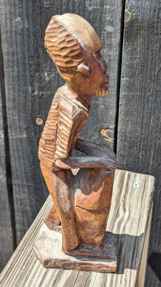 Vintage Hand Carved Wood Man On Drums African Tribal Folk Art Statues Figurine