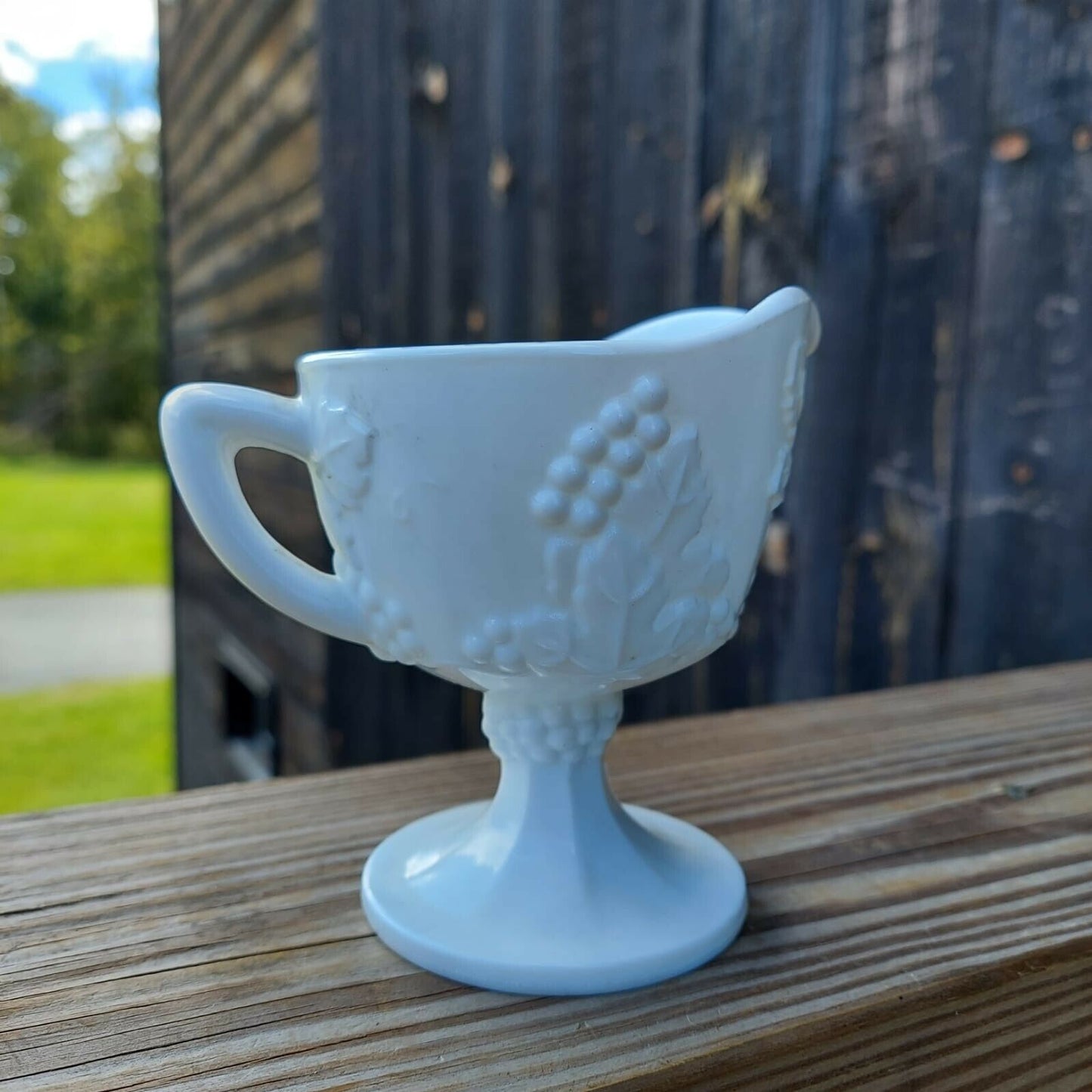 Milk Glass Creamer Pedestal, Indiana Glass Harvest Grape Pattern