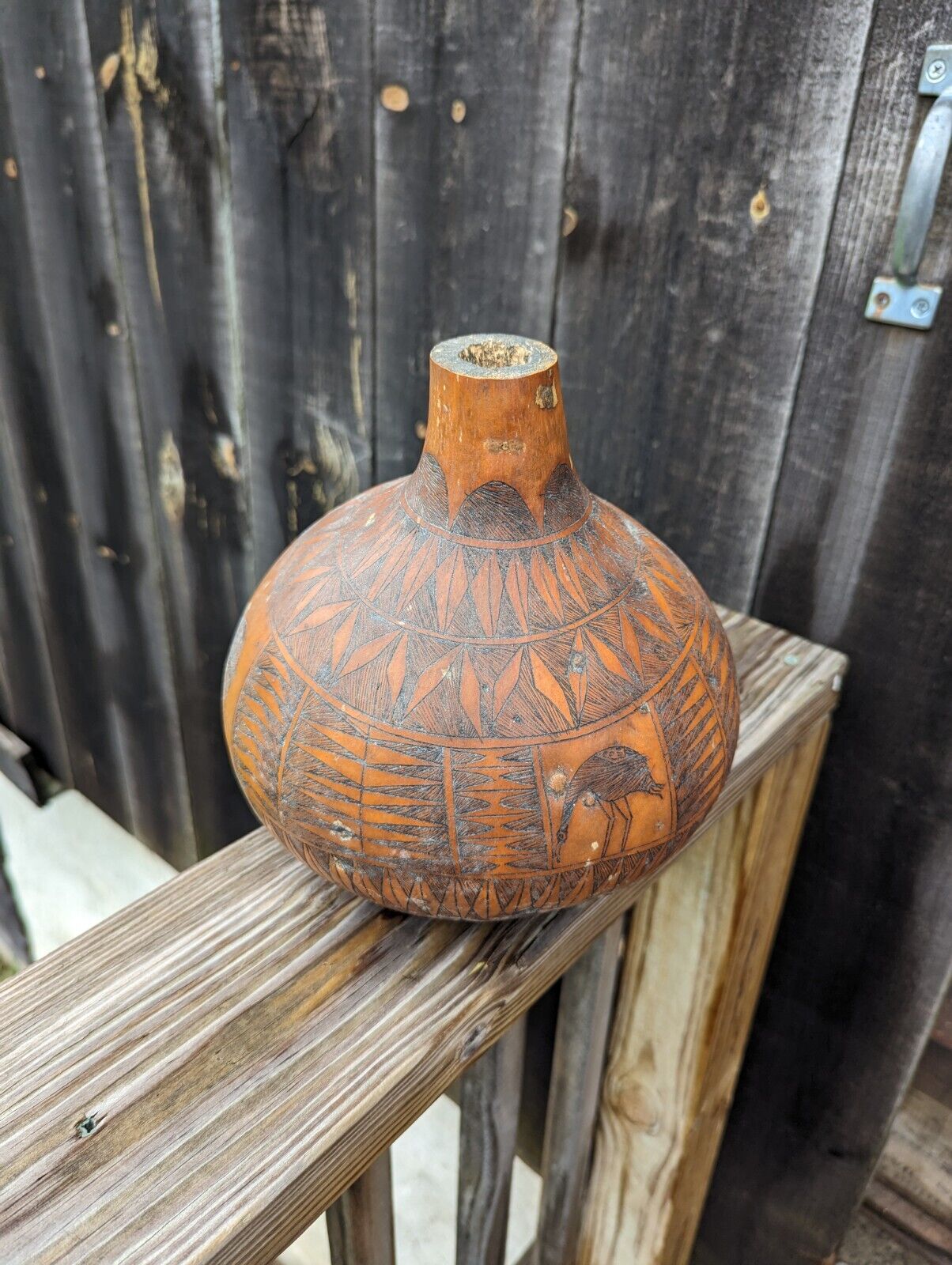 African Gourd Hand Carved  Folk Art About 10" Elephants & Rhinos Made in Kenya