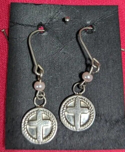 STERLING SILVER ROUND CROSS  PEARL accent  DROP DANGLE PIERCED EARRINGS 925