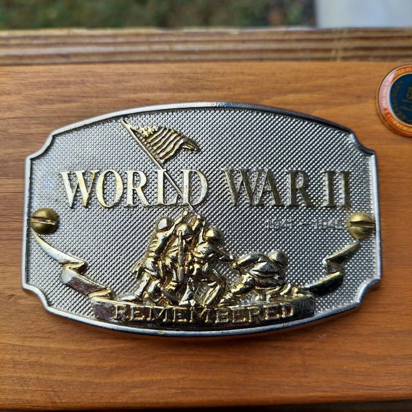 World War II Remembered Belt Buckle on Wood Plaque w COA