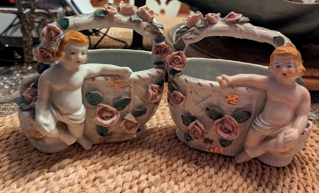 Two VTG Porcelain  White Gold Planters Baskets Cherubs Applied Pink Rose 6" Each