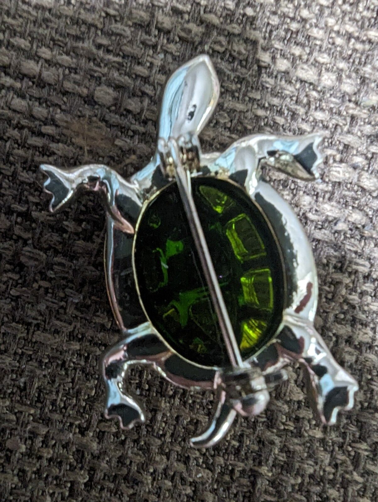 Metal And Green Glass Turtle Brooch Silver And Gold Tone