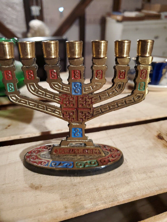 Mini Brass Menorah 7 Candles Marked Jerusalem