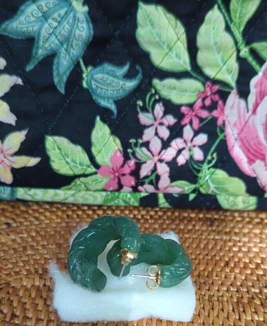 Vtg 1982 AVON “Floral Hoop – Jade Tone” Faux Jade Lucite Hoop Post Earrings NIB