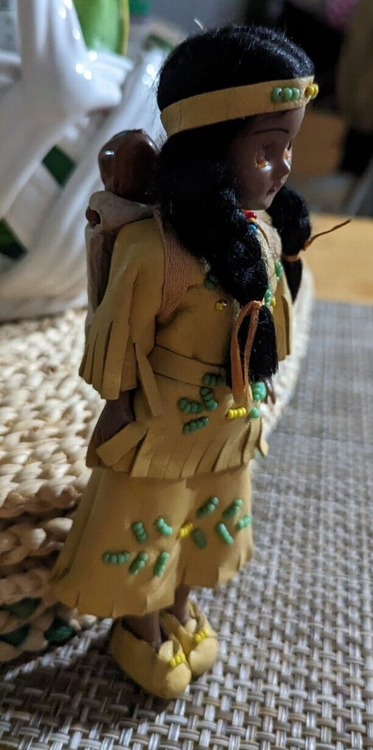 Vintage Native American Young Woman Carrying Baby In Back Pack Dolls About 9"