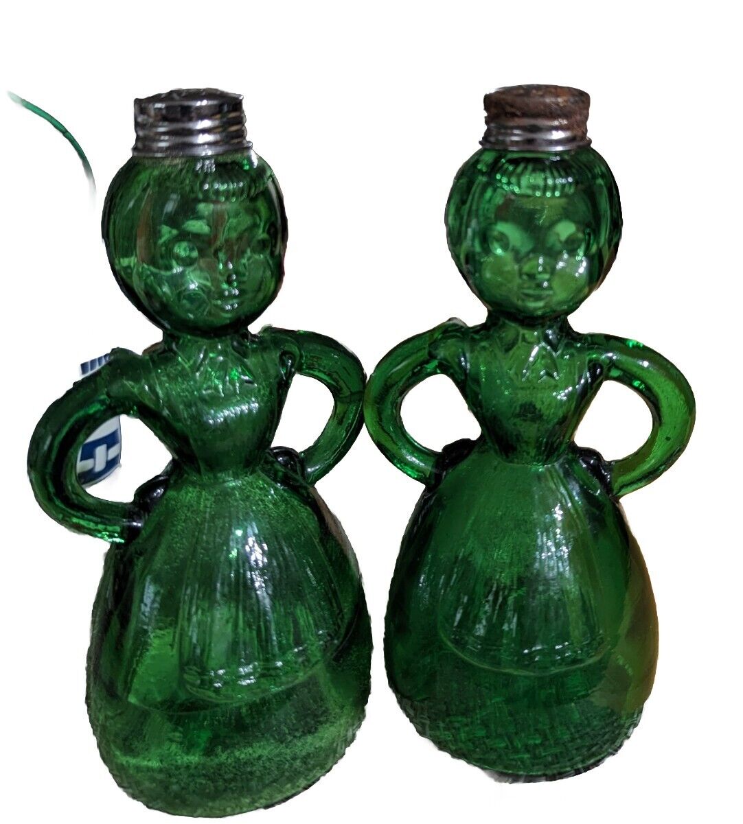 RARE Merry Maids Green Glass Salt &Pepper Shakers Vintage