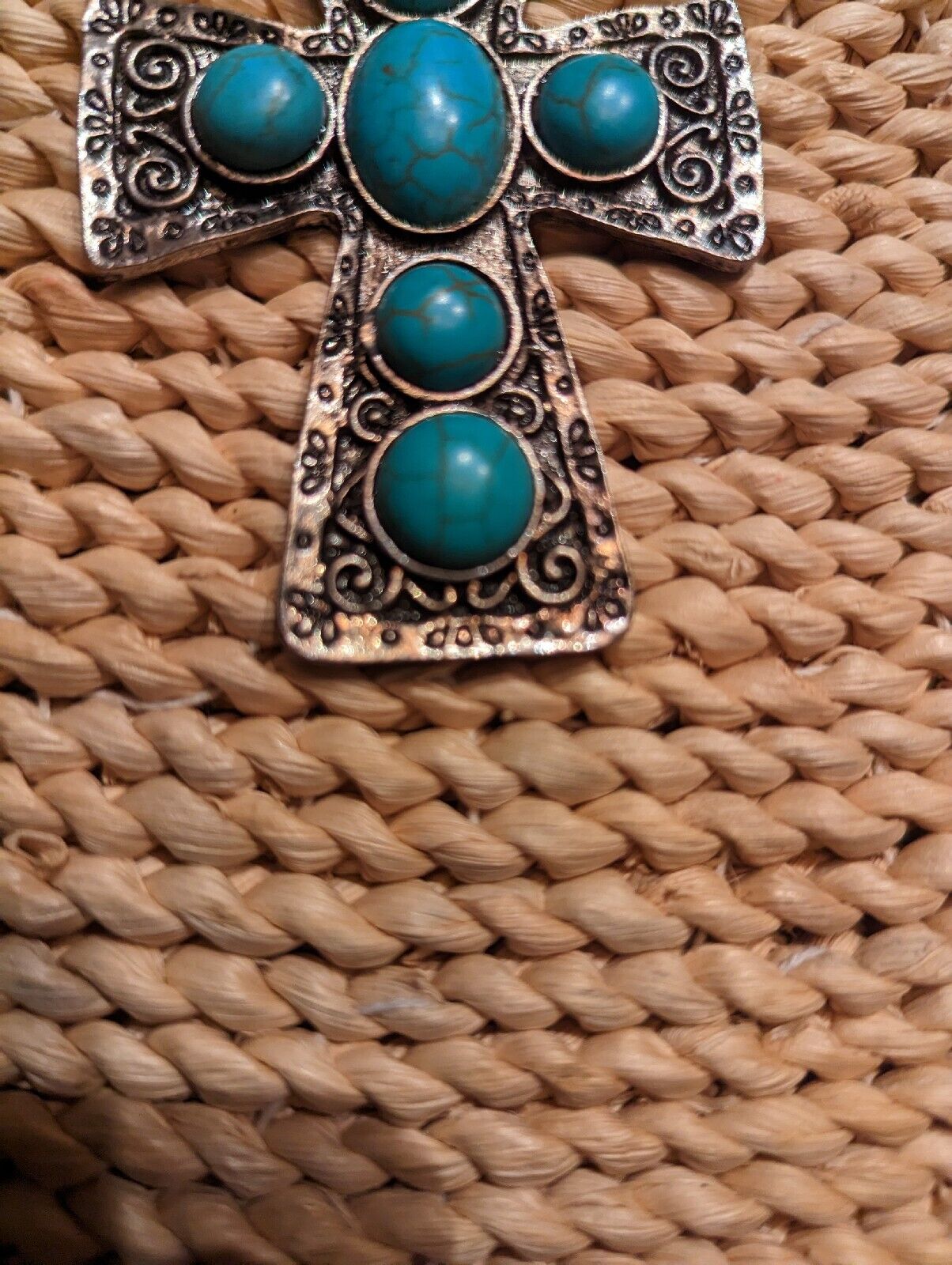 Vintage Large SouthWestern Style Turquoise Over Silver Tone Cross And 22" Chain