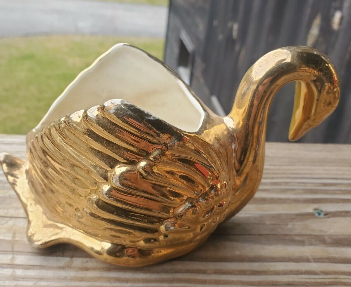 Swan 22k Gold Dip Porcelain Ceramic Vase Planter Candle/Jewelry Holder USA Made