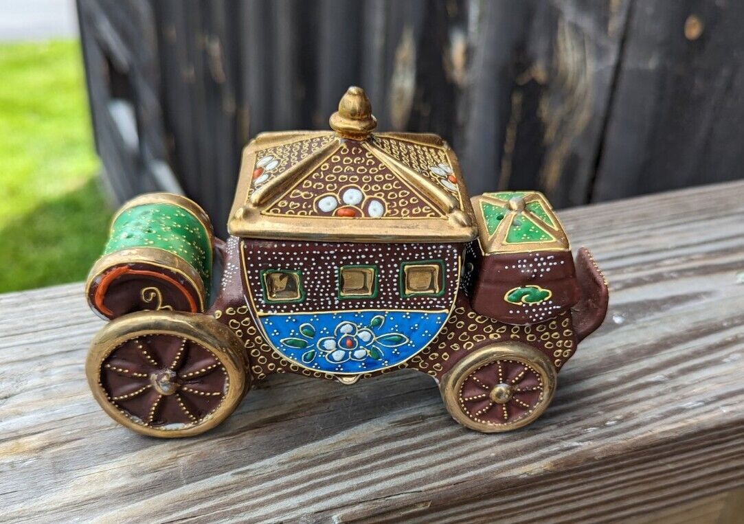 Vintage Ornate Porcelain Carriage Salt Pepper & Sugar Set 6" Wide Made in Japan