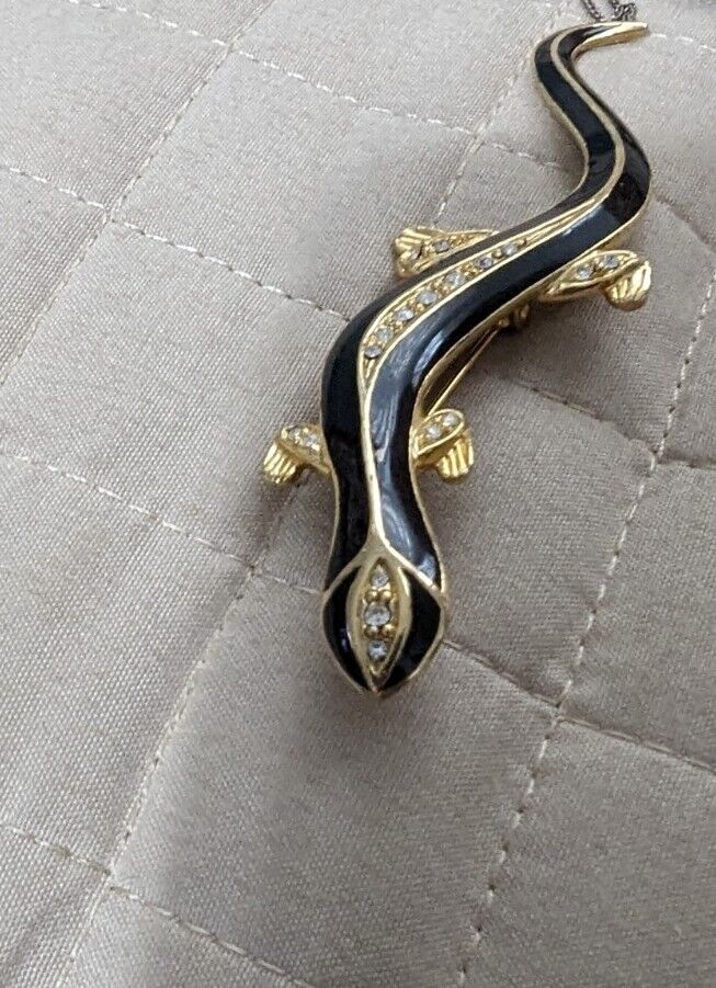 Gold Tone Black Enamel Crystal Rhinestone Salamander Brooch Pin 2.65 In.