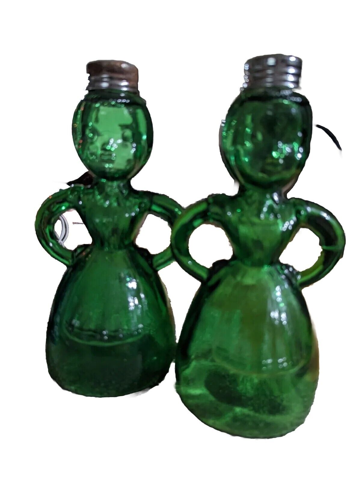 RARE Merry Maids Green Glass Salt &Pepper Shakers Vintage