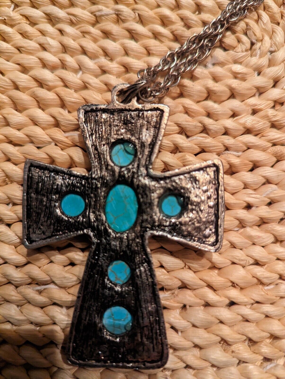 Vintage Large SouthWestern Style Turquoise Over Silver Tone Cross And 22" Chain