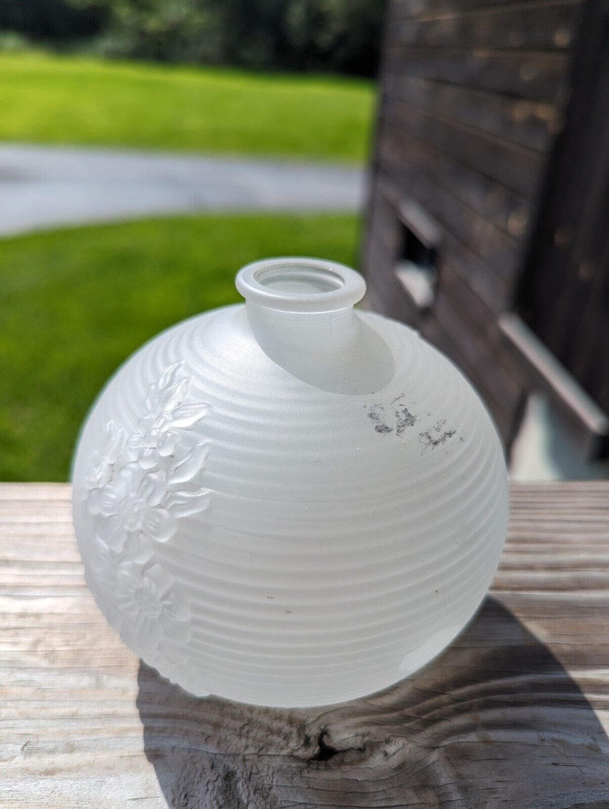 Two Avon Blue & White Frosted  Round  Bud Vases with Embossed Flower Design