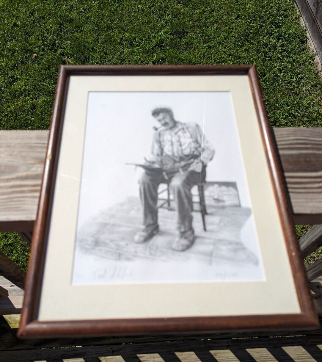 Signed Framed Print 54/375 Of Seated Captain With Ship Model Vintage Americana