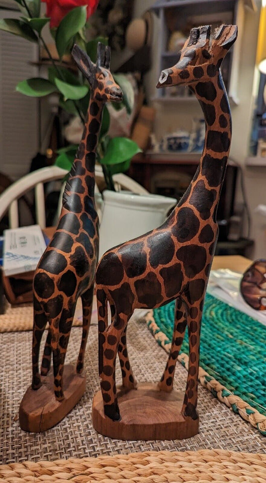 A Pair Of African Safari Wooden Giraffes 12" Tall  3 Wide Each