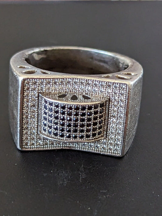 Vintage 925 Silver Black Diamond Pave Wide Band Size 9 Ring