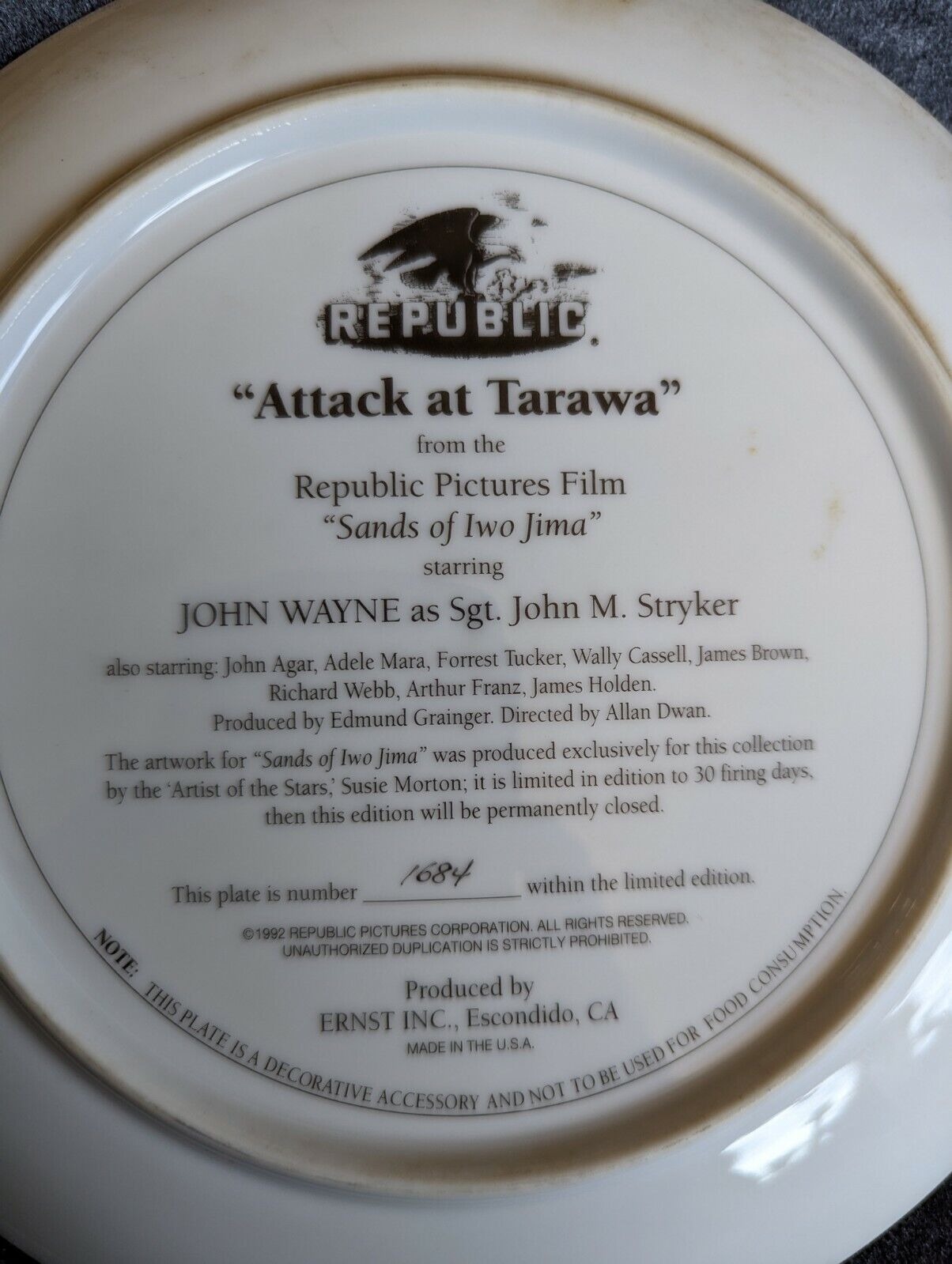 John Wayne Plate, Attack at Tarawa, Sands of Iwo Jima Susie Morton Movie Plate