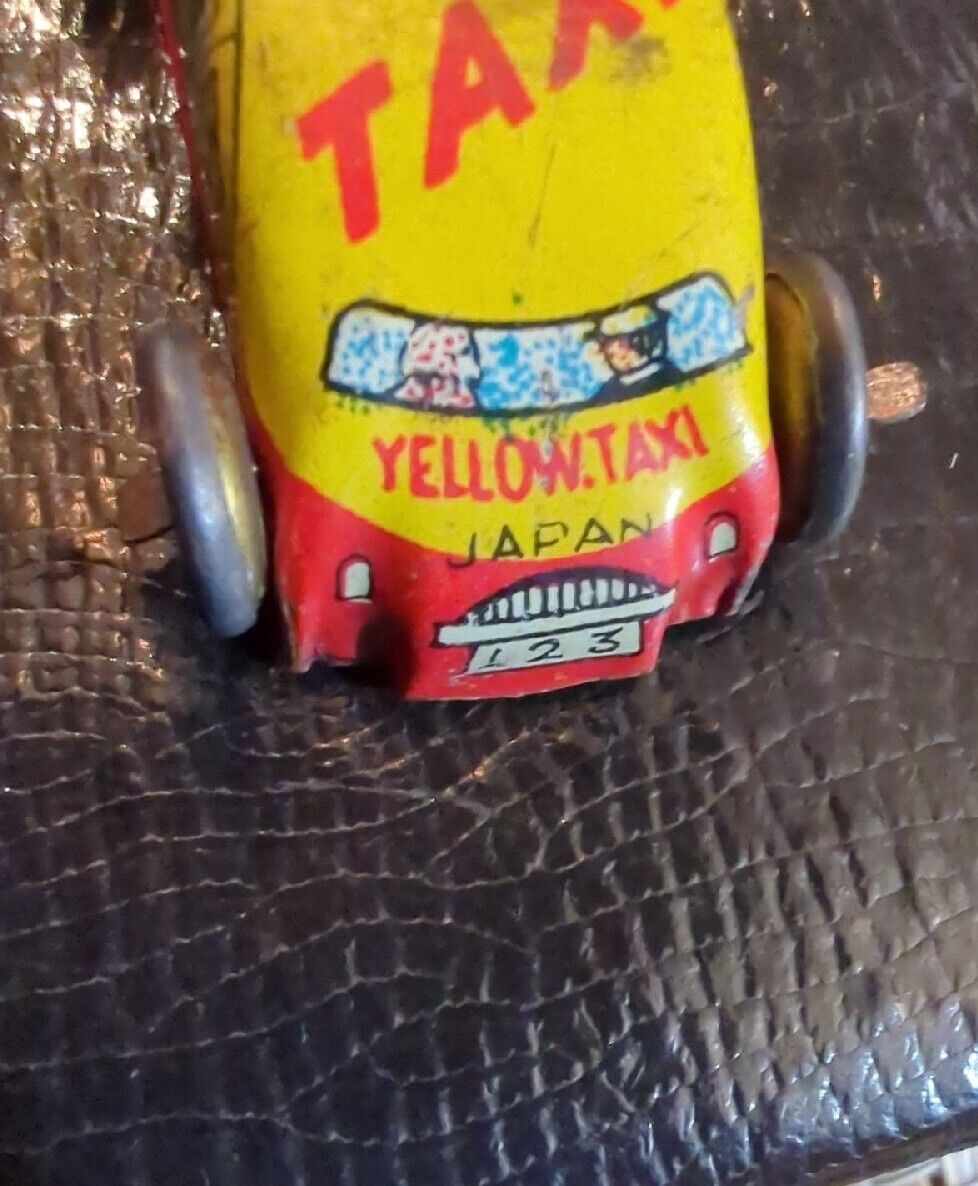 1940s Japan Tiny Tin Litho Toy Car Yellow & Red Taxicab Plate Vintage