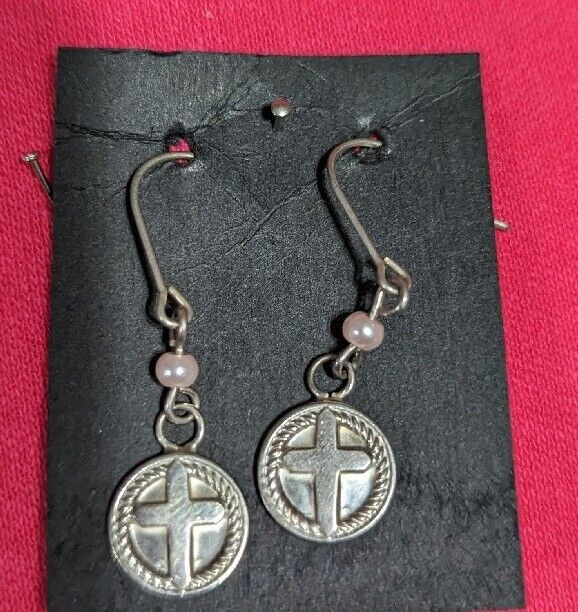 STERLING SILVER ROUND CROSS  PEARL accent  DROP DANGLE PIERCED EARRINGS 925