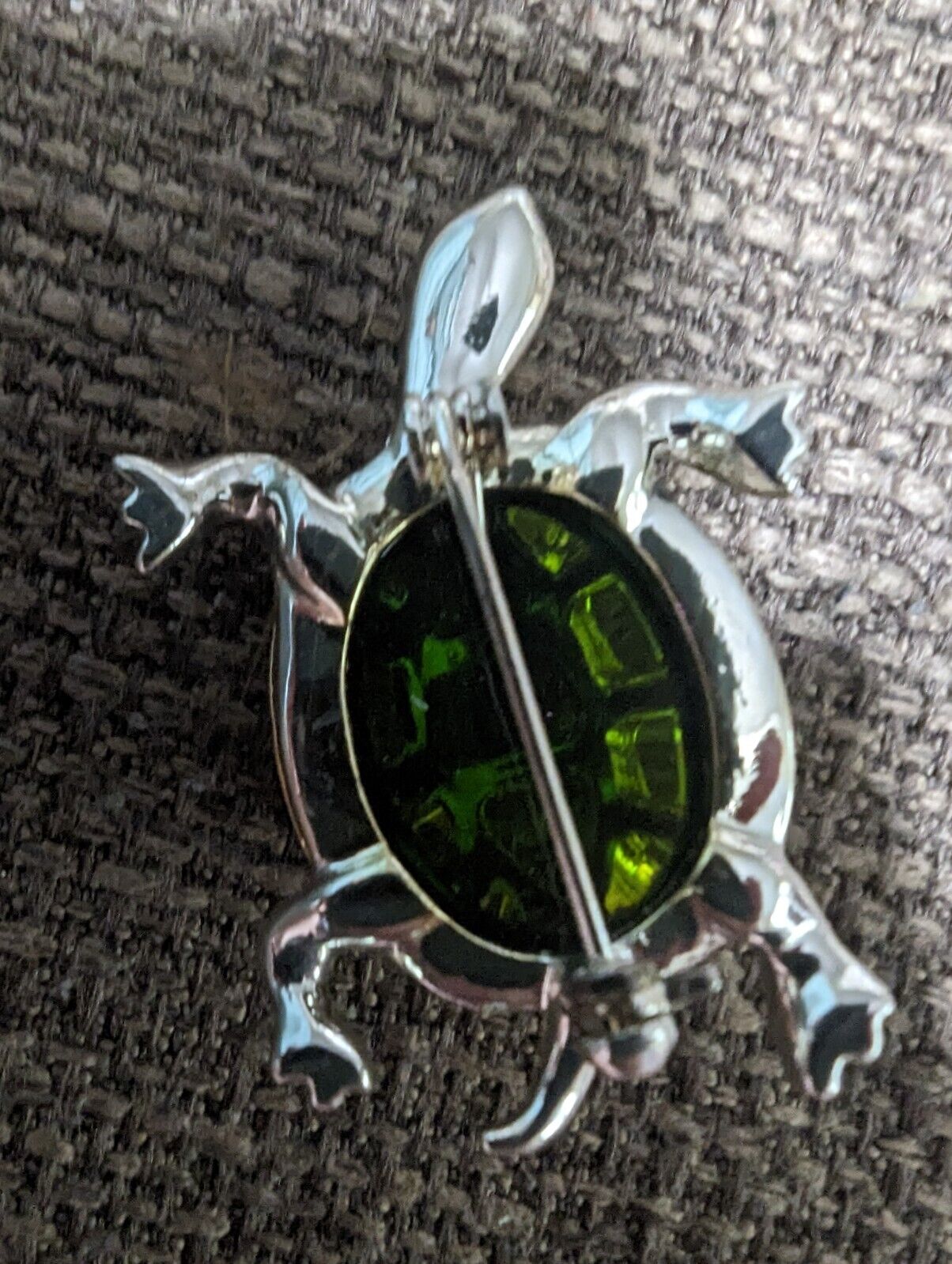 Metal And Green Glass Turtle Brooch Silver And Gold Tone