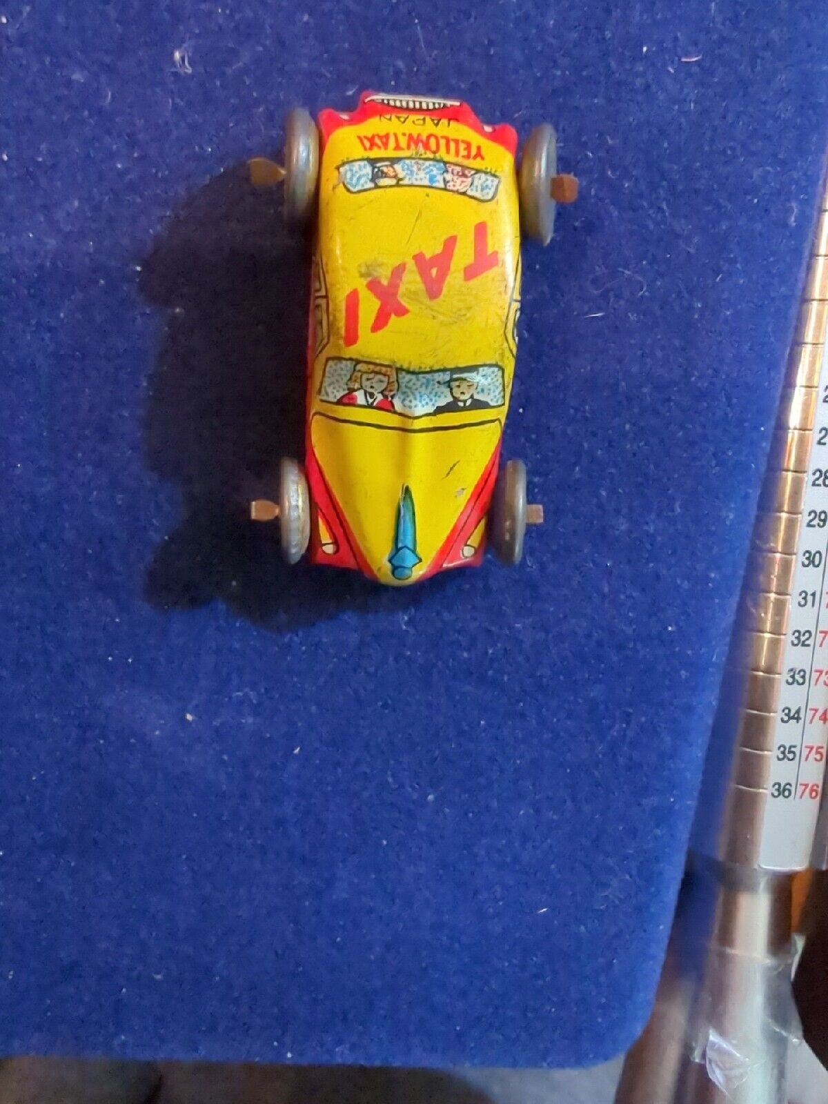 1940s Japan Tiny Tin Litho Toy Car Yellow & Red Taxicab Plate Vintage