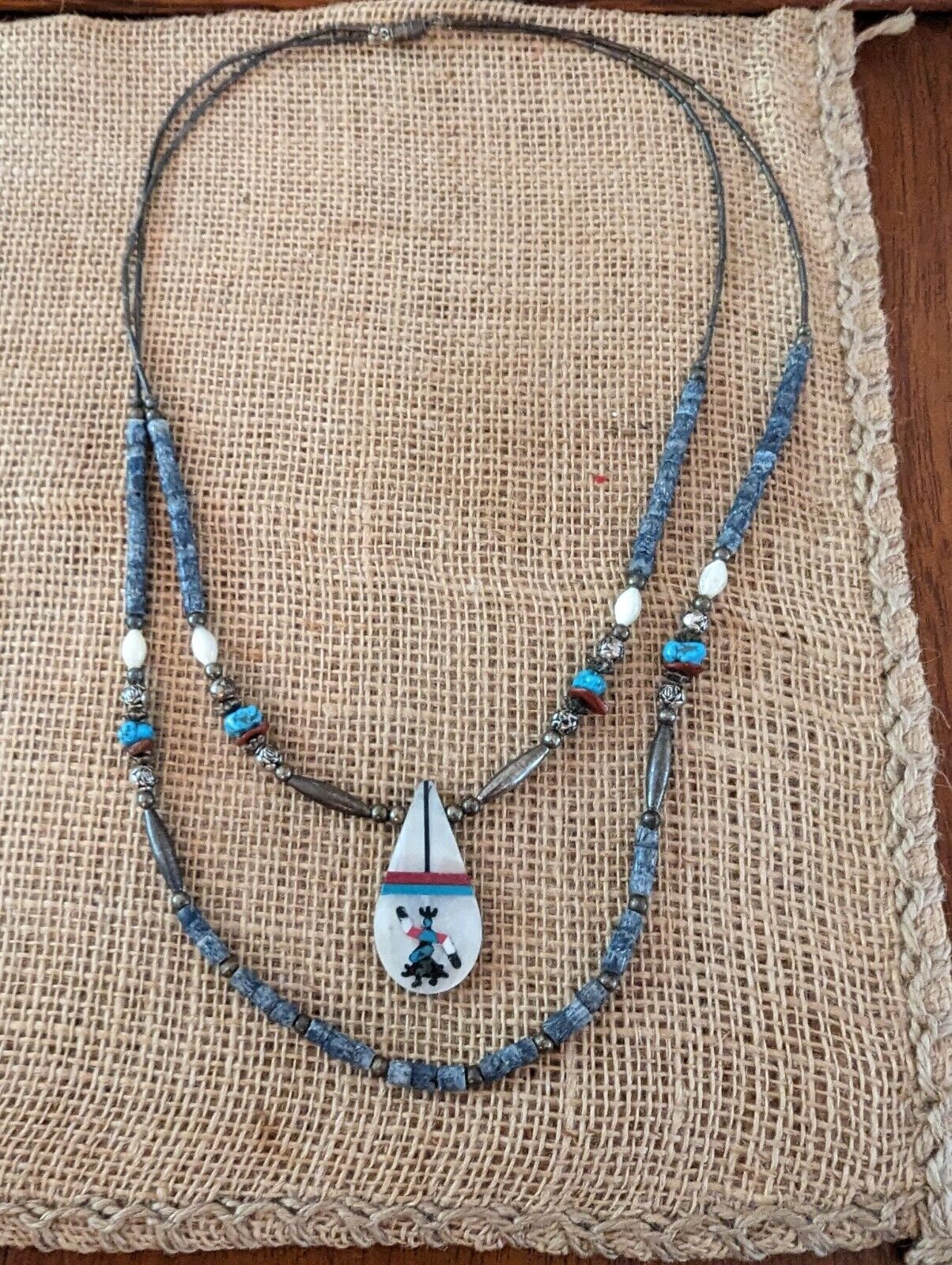 Santo Domingo Pueblo Navajo Inlay Coral Shell Turquoise Kachina 2 Layer Necklace