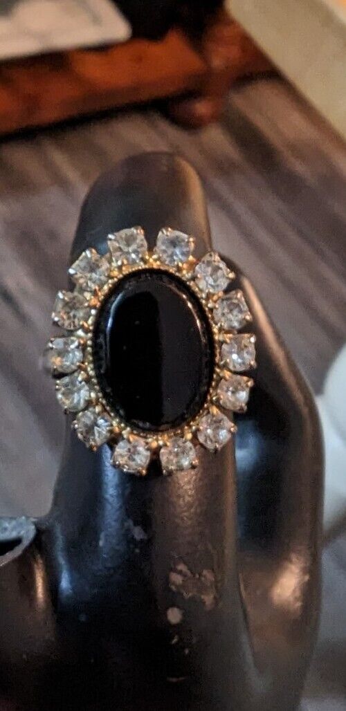 Vintage Domed Black Onix With Rhinestones Ring Size 8 Adjustable