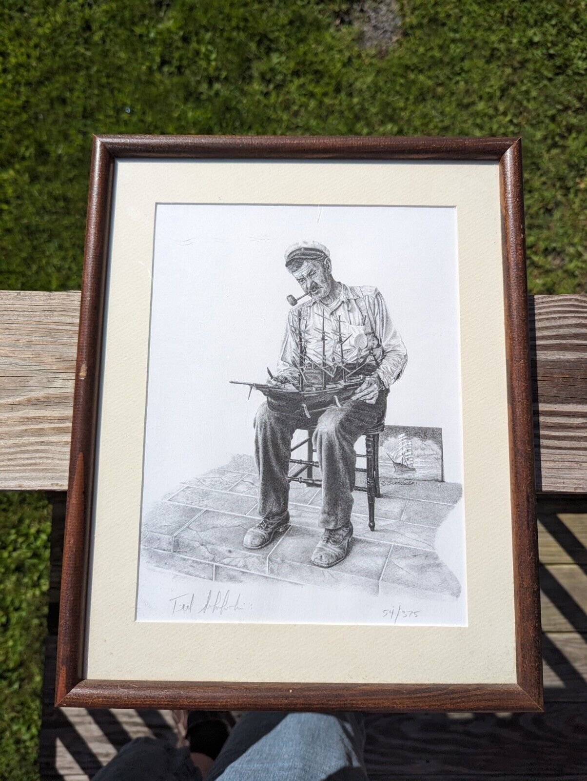 Signed Framed Print 54/375 Of Seated Captain With Ship Model Vintage Americana