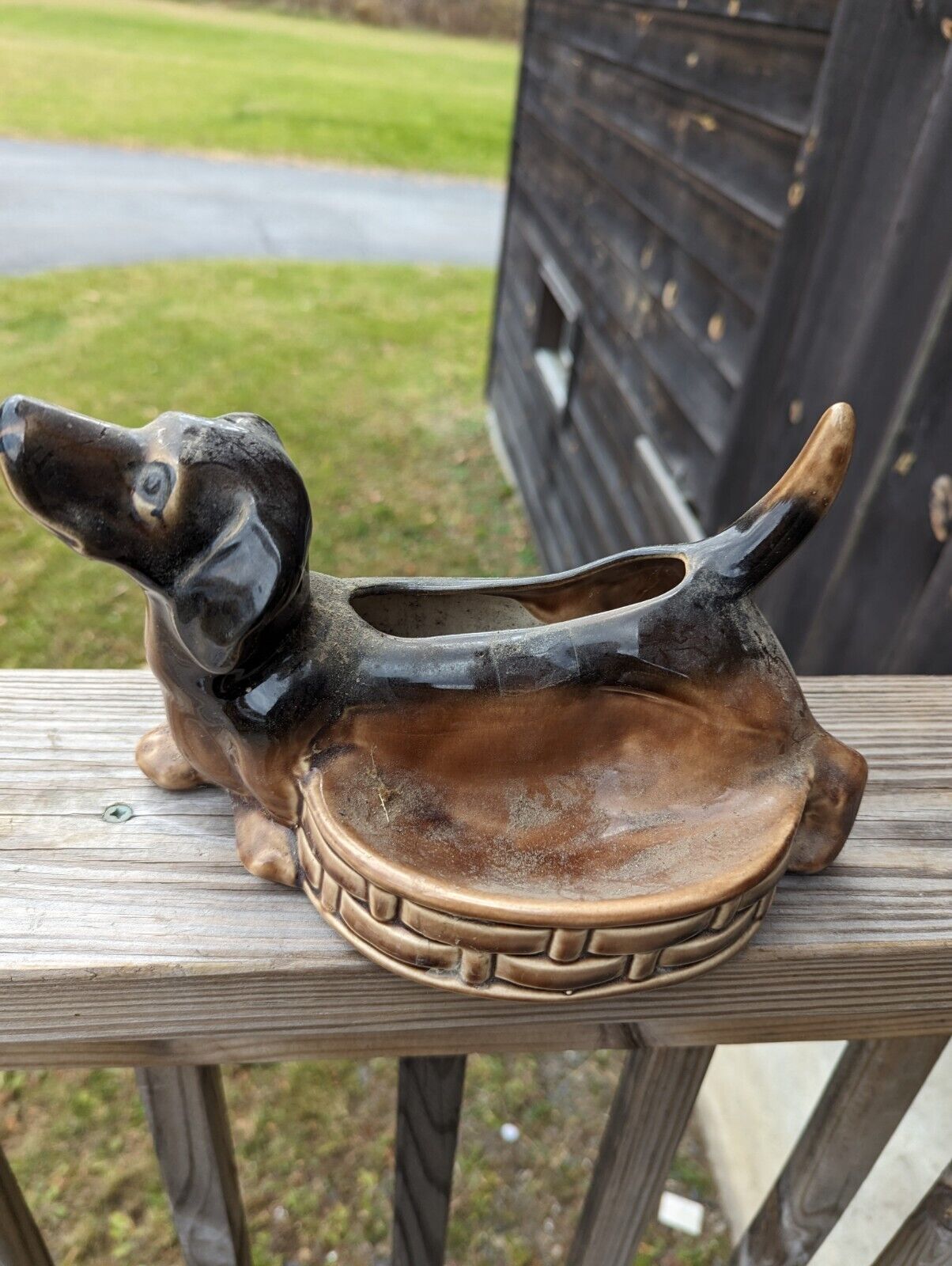 Vintage MCM 50s 10 Inch Dachshund Ceramic Planter Trinket Dish Weiner Dog