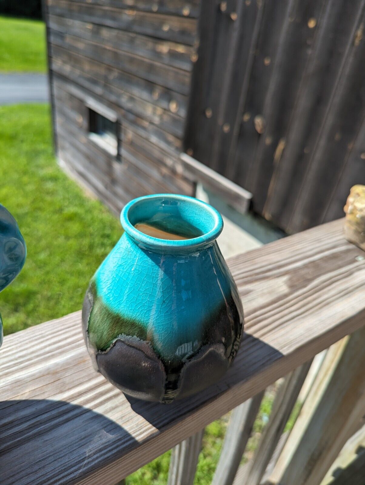 Clay Ceramic Vase Chocolate Brown With Glossy Turquoise Glaze Drip