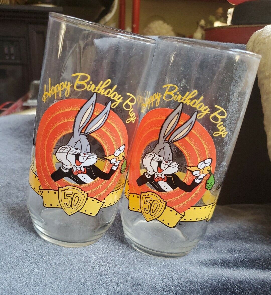 Bugs Bunny Anniversary Glasses "Happy Birthday Bugs" 50th Set of 2 1990 Warner