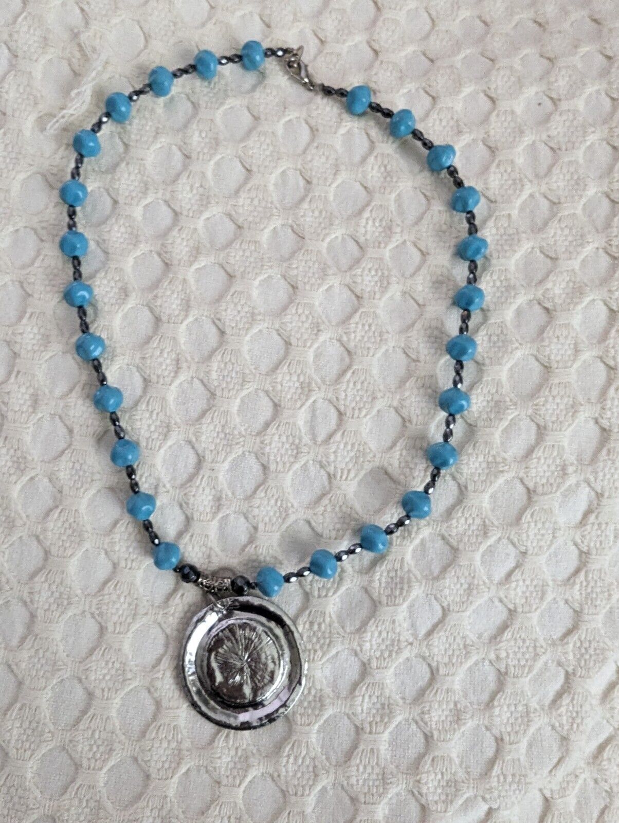 Large Faux Turquoise And Silver Tone Pendant Necklace