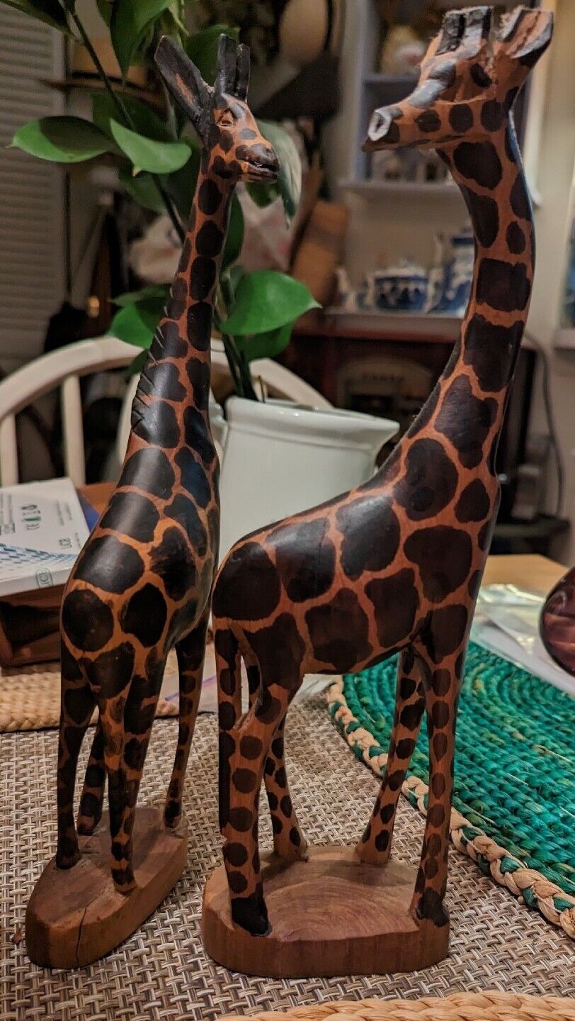 A Pair Of African Safari Wooden Giraffes 12" Tall  3 Wide Each