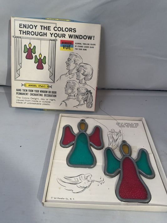 Window Vue 1964 ANGEL PAIR Plastic Stained Glass Decor Vintage