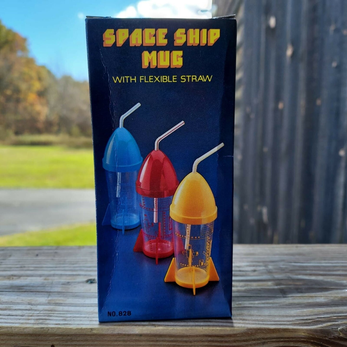 Vintage Plastic Space Ship Mug w flexible straws Red Yellow Blue NIB Hong Kong