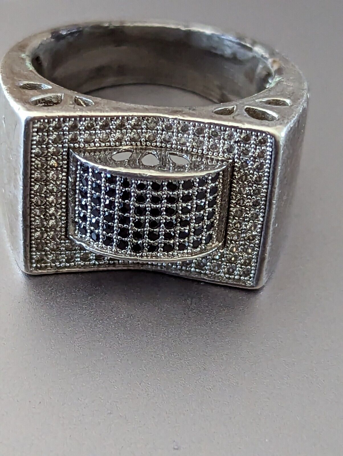 Vintage 925 Silver Black Diamond Pave Wide Band Size 9 Ring