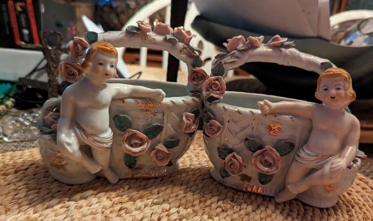 Two VTG Porcelain  White Gold Planters Baskets Cherubs Applied Pink Rose 6" Each