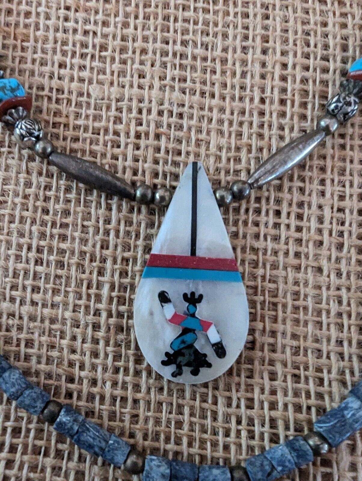 Santo Domingo Pueblo Navajo Inlay Coral Shell Turquoise Kachina 2 Layer Necklace