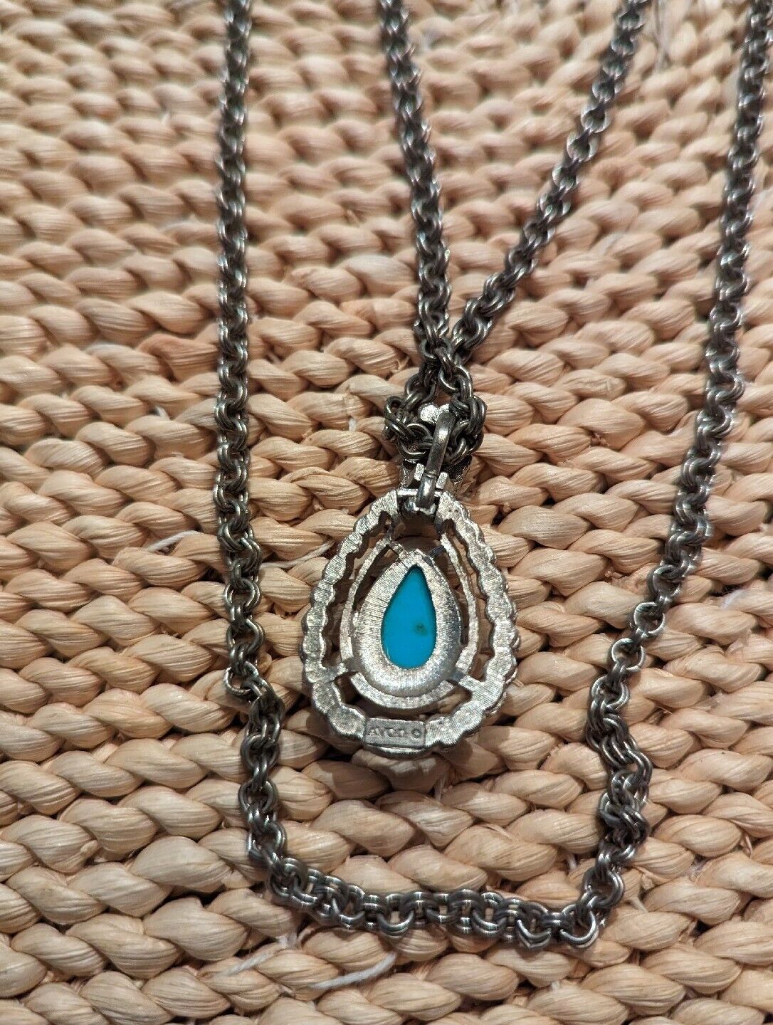 Vintage Avon Faux Turquoise Silvertone Teardrop Pendant 2 Strand Necklace