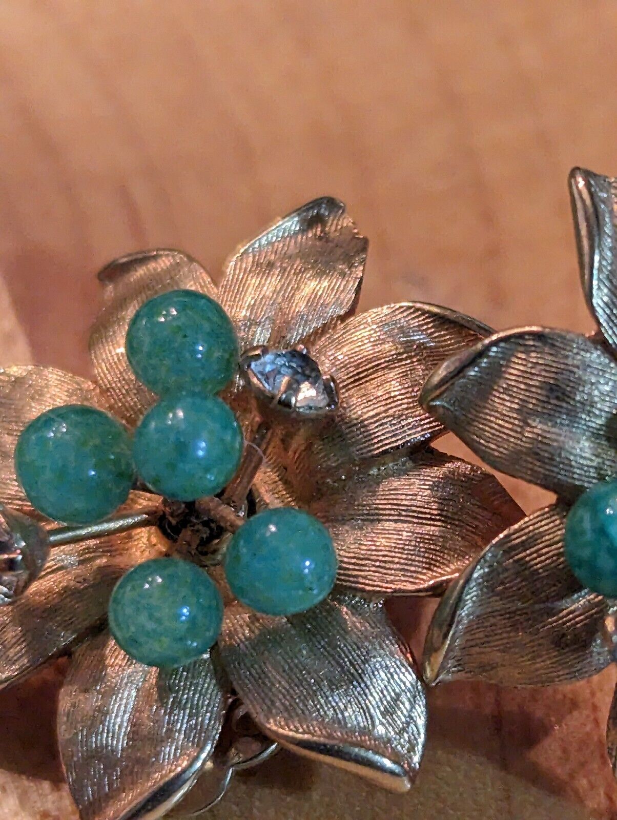 Vintage Clip On Earrings Golden Petals And Green And Clear Crystals