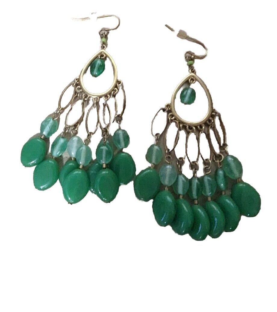 Teel Green On Silver Tone Loop Dangling Earrings