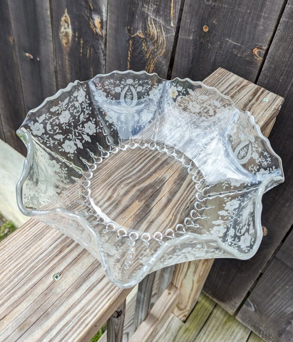 Vintage Ruffled Serving Bowl 1930s/1940s Raised Flower Basket Design 12"...