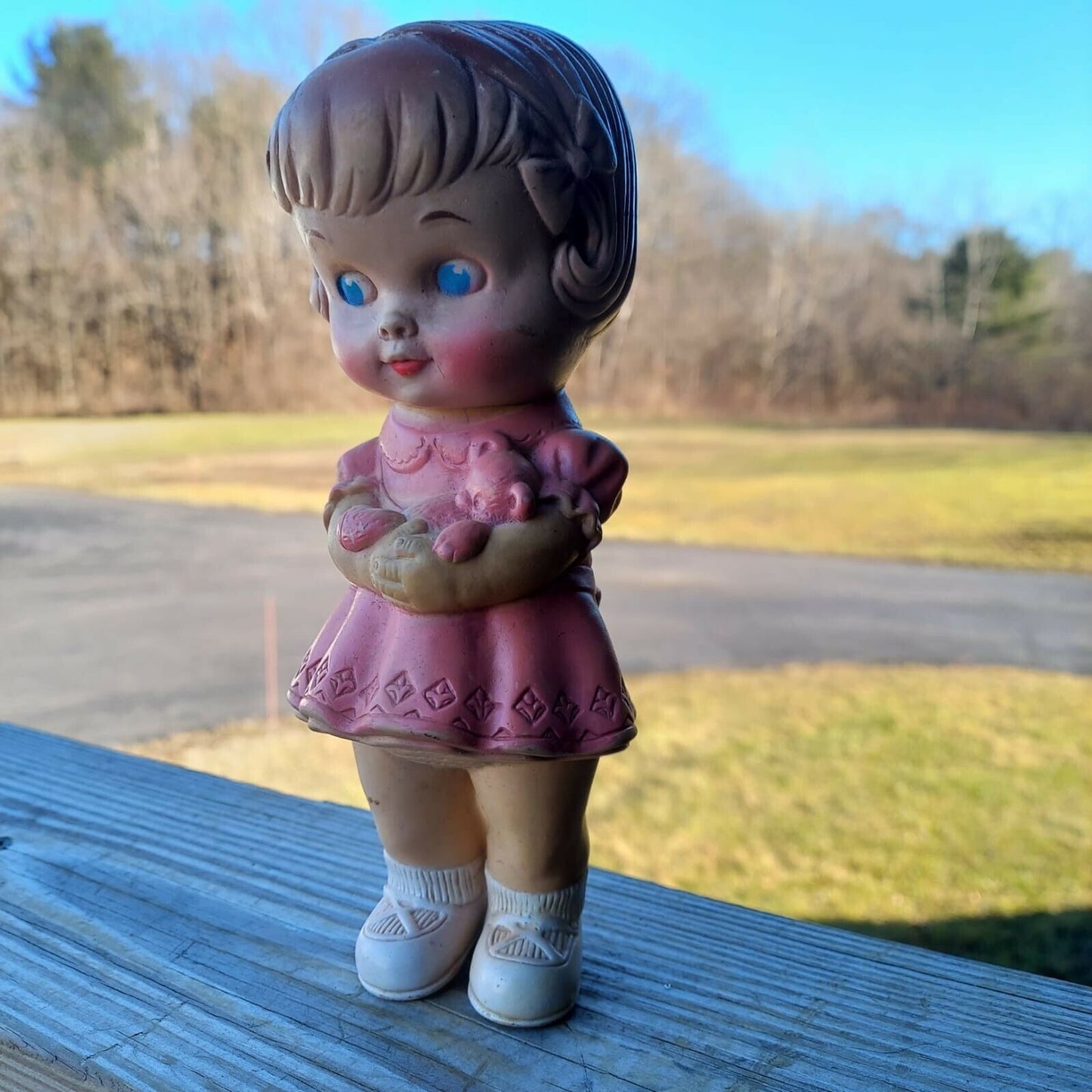 1960's Edward Mobley Squeaky Toy 8 1/2" Standing Rubber Doll Girl in Pink Dress