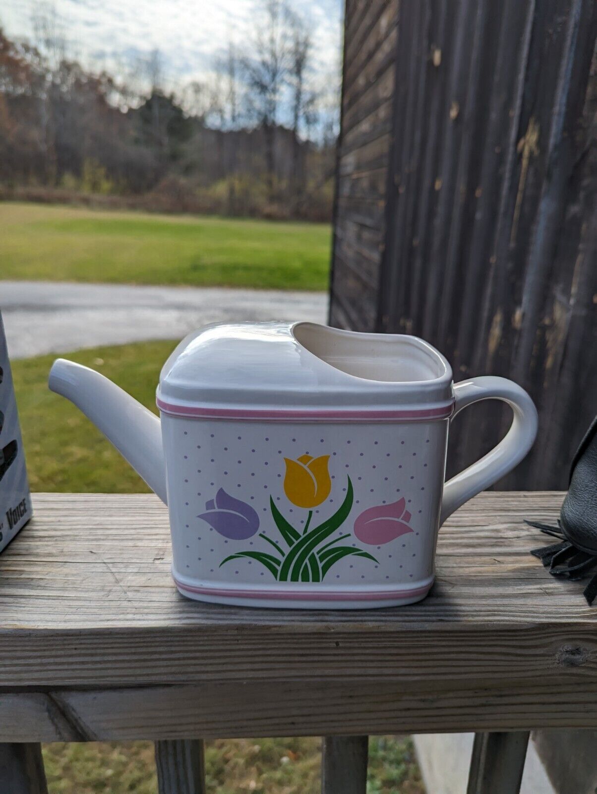 1985 Teleflora Gift Ceramic Watering Can Flower Pot Planter Tulips Spring Design